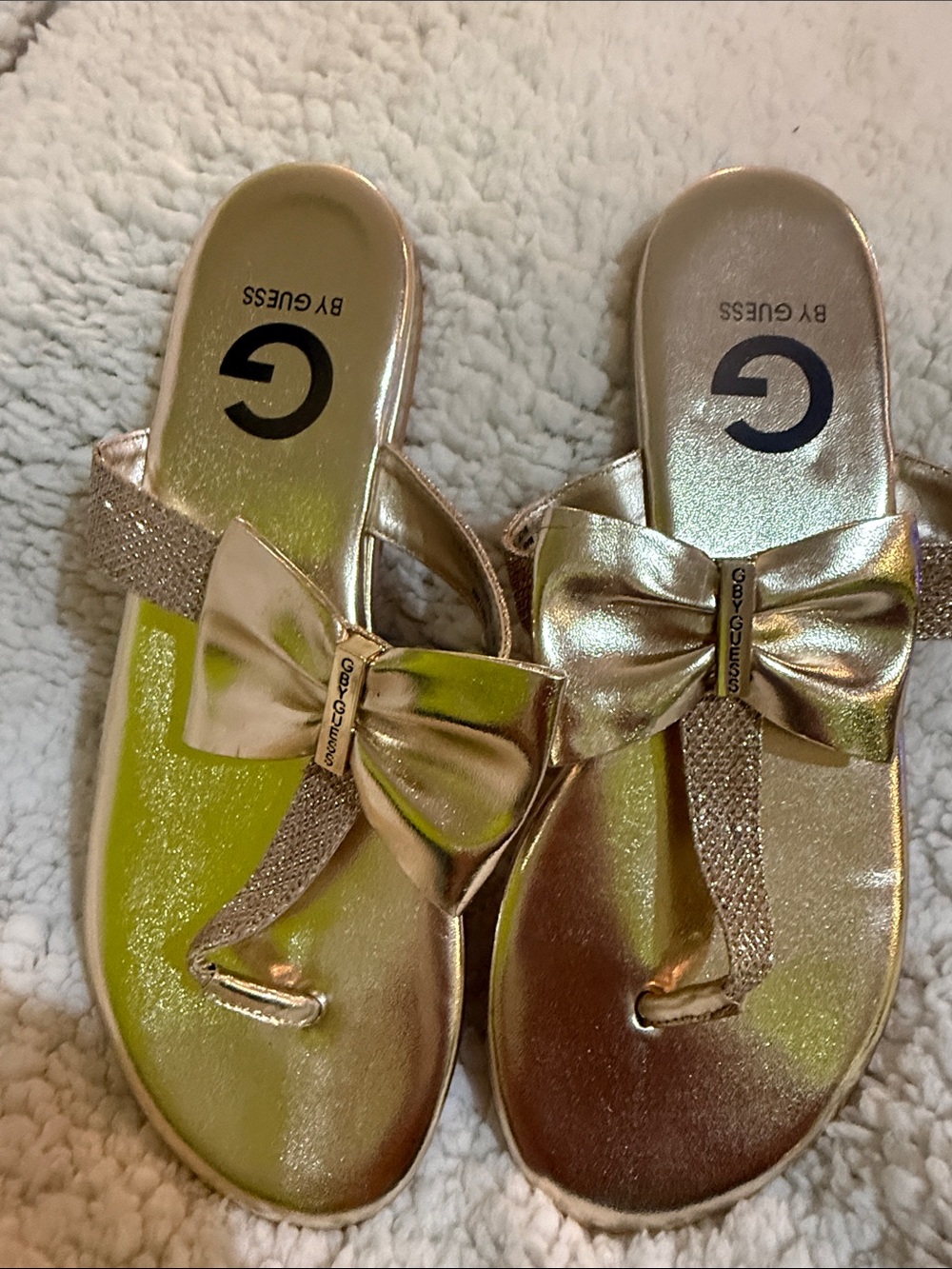 G by Guess Metallic Gold Bow Thong Sandals